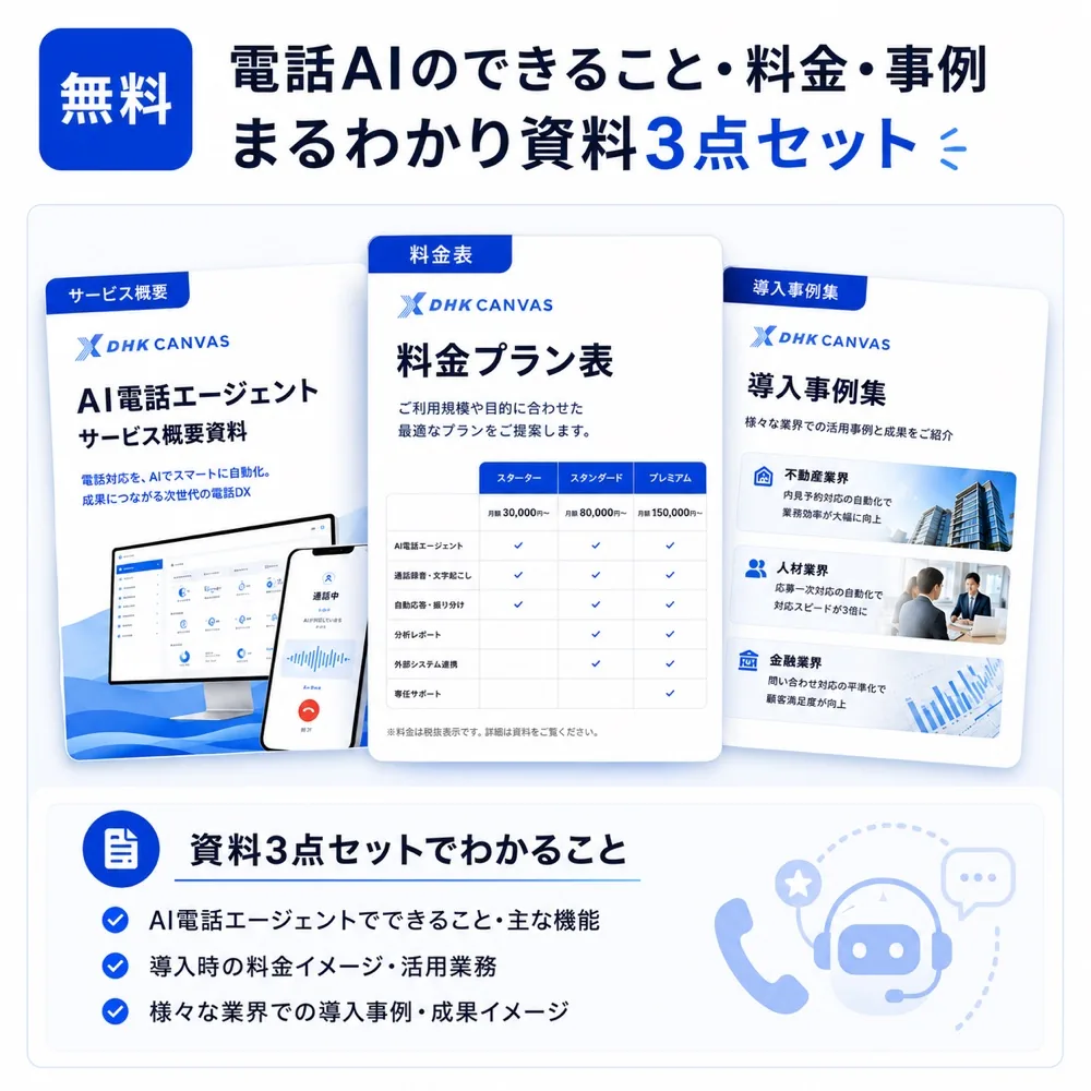 電話対応の自動化でできること・料金・事例がわかる資料3点セット