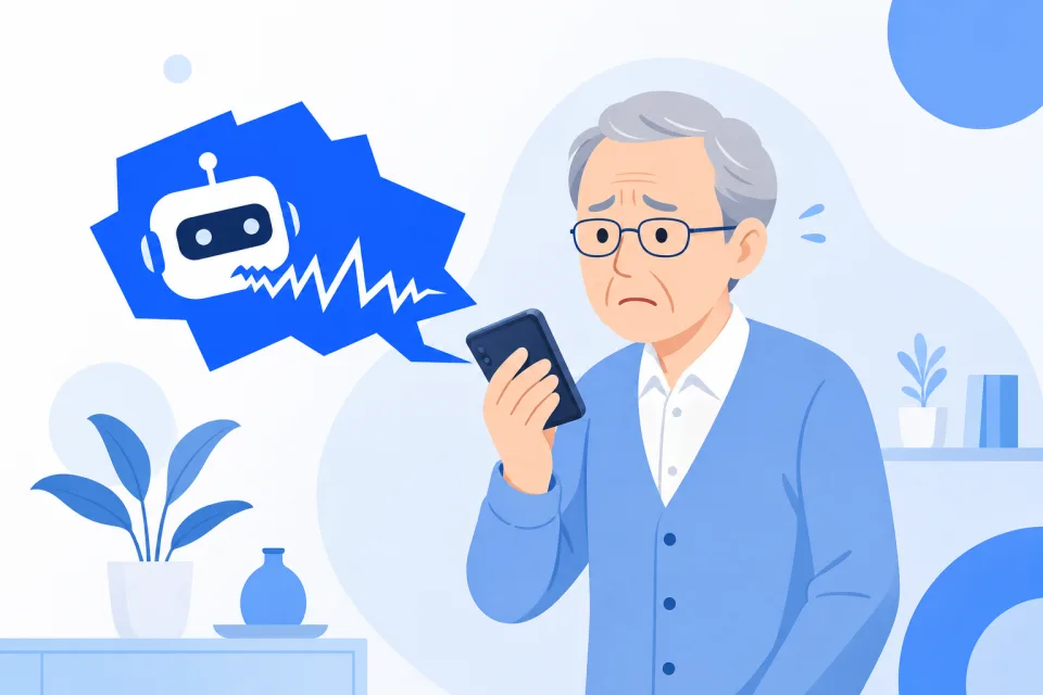 機械的な自動音声に困惑するお客様のイラスト